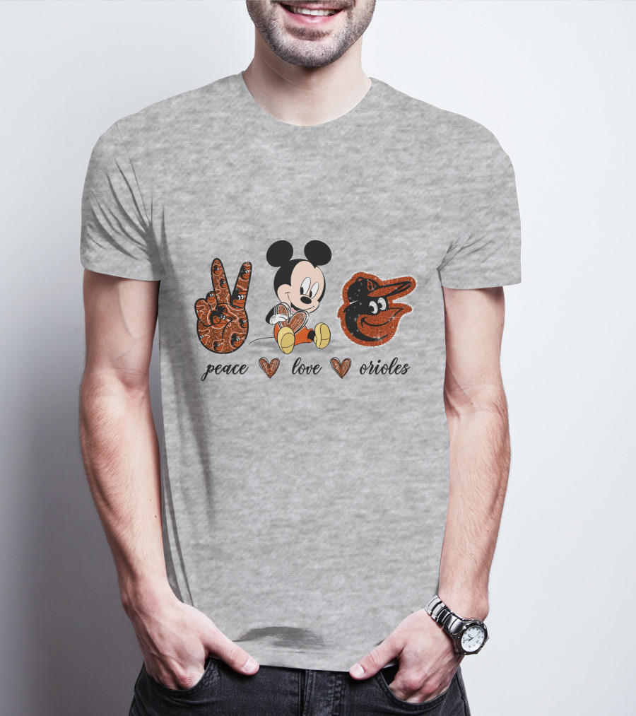 Mickey Mouse Peace Love Orioles Baseball Team T-Shirt