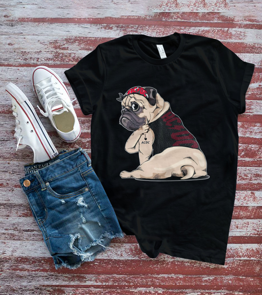 Ac/Dc Pug With I Love Ac/Dc Tattoo And Bandana T-Shirt