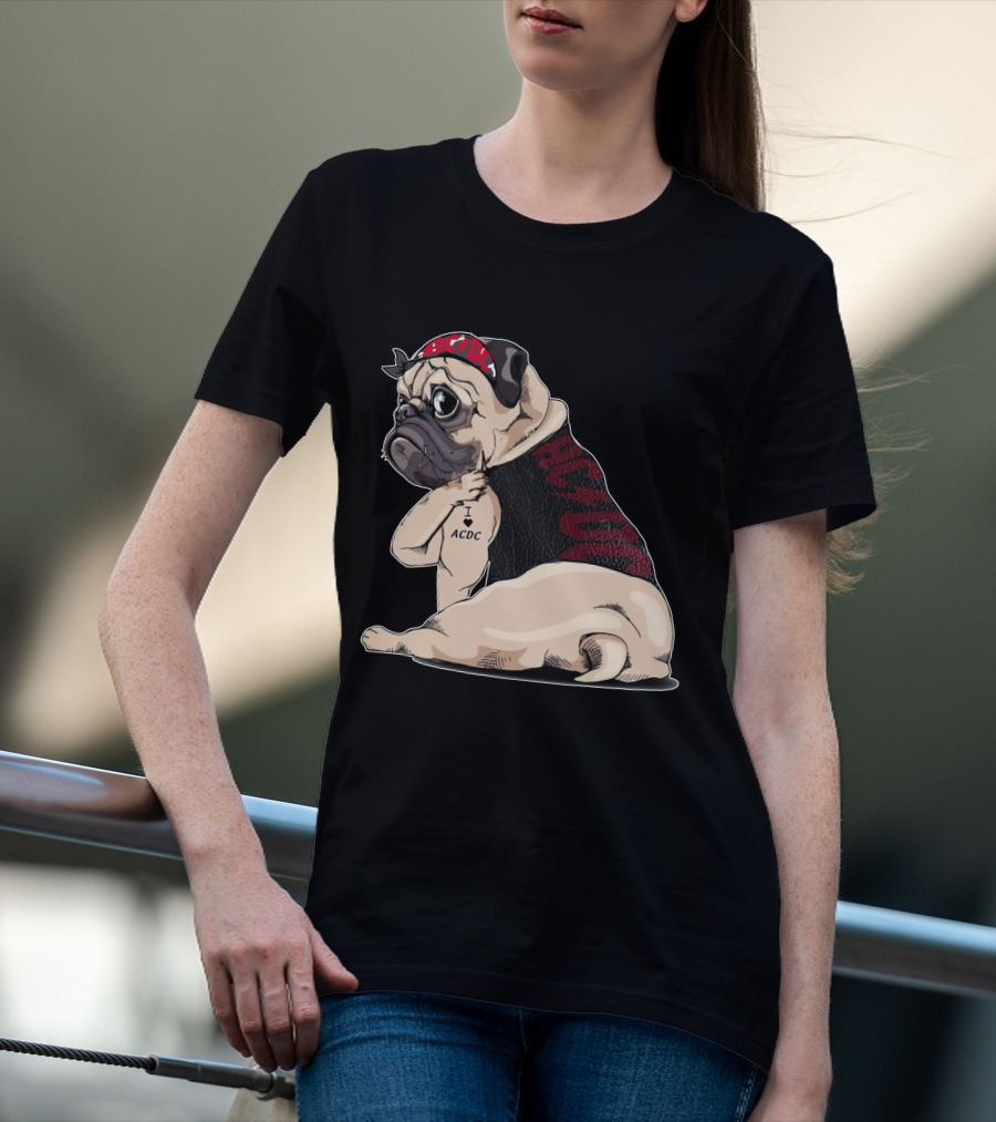 Ac/Dc Pug With I Love Ac/Dc Tattoo And Bandana T-Shirt