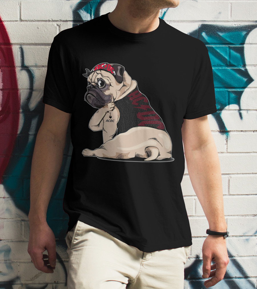 Ac/Dc Pug With I Love Ac/Dc Tattoo And Bandana T-Shirt