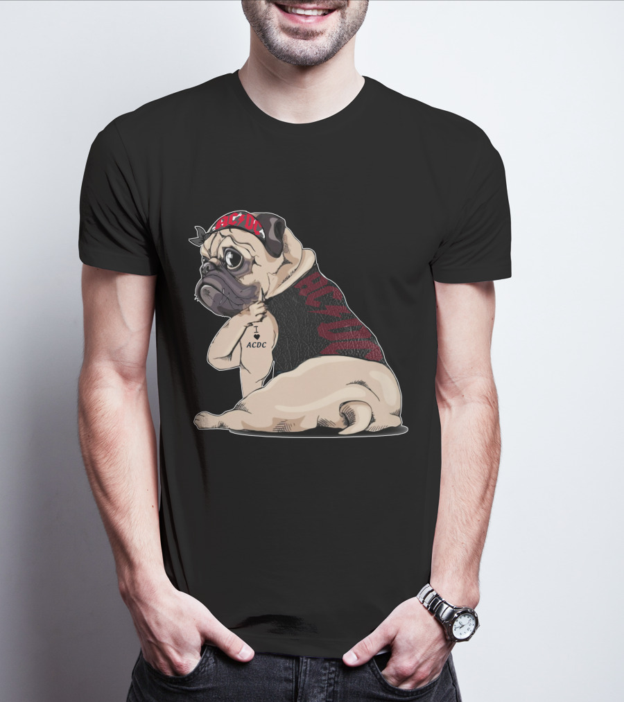 Ac/Dc Pug With I Love Ac/Dc Tattoo And Bandana T-Shirt