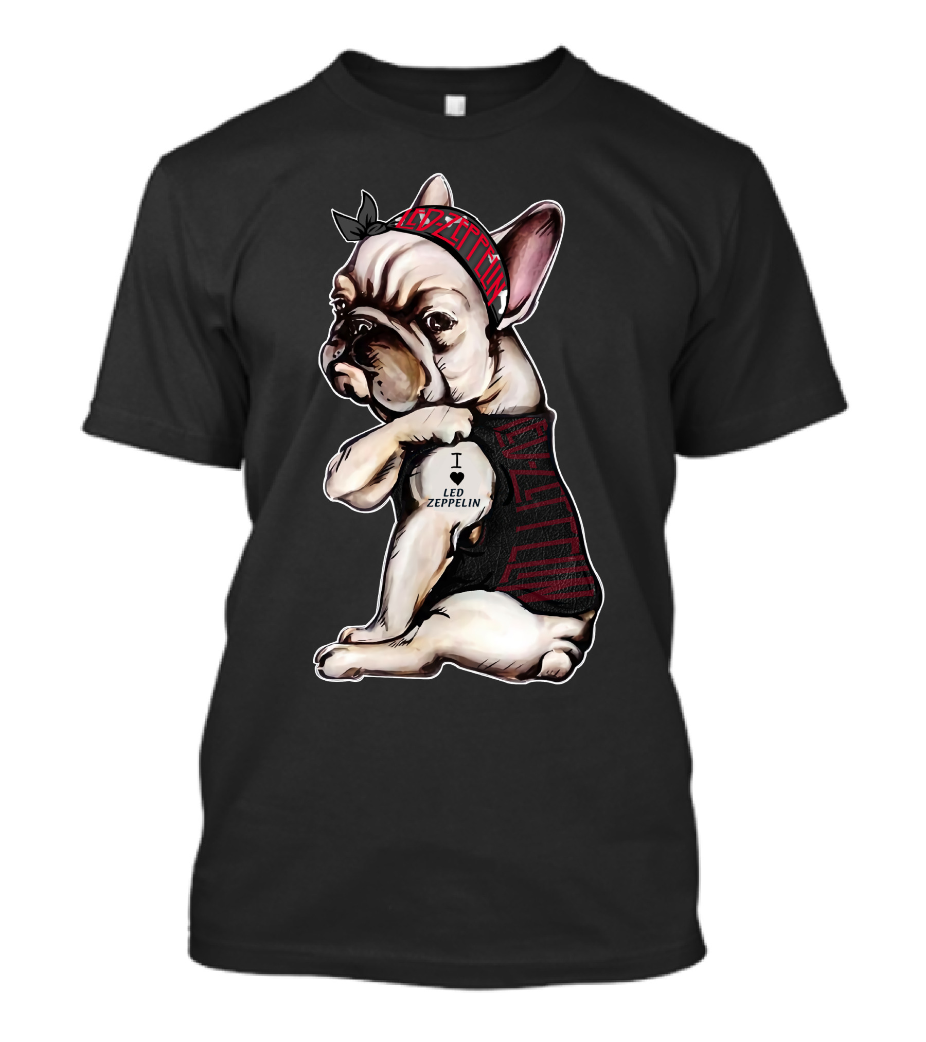 French Bulldog Wearing Led Zeppelin Bandana And Shirt With I Love Led Zeppelin Bubble T-Shirt