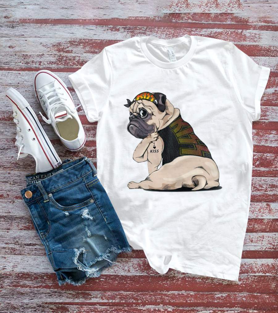 Kiss Bandana Pug With I Love Kiss Tattoo T-Shirt
