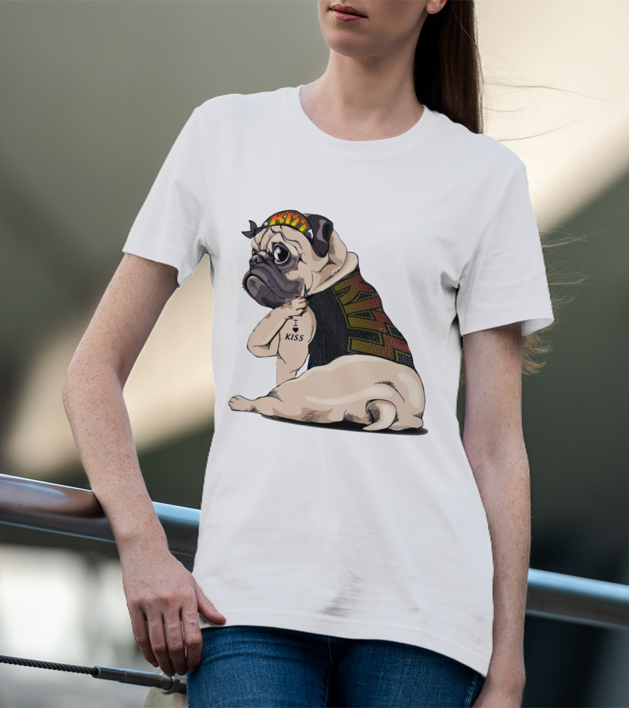Kiss Bandana Pug With I Love Kiss Tattoo T-Shirt