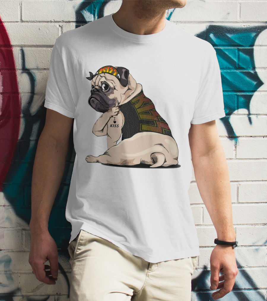 Kiss Bandana Pug With I Love Kiss Tattoo T-Shirt