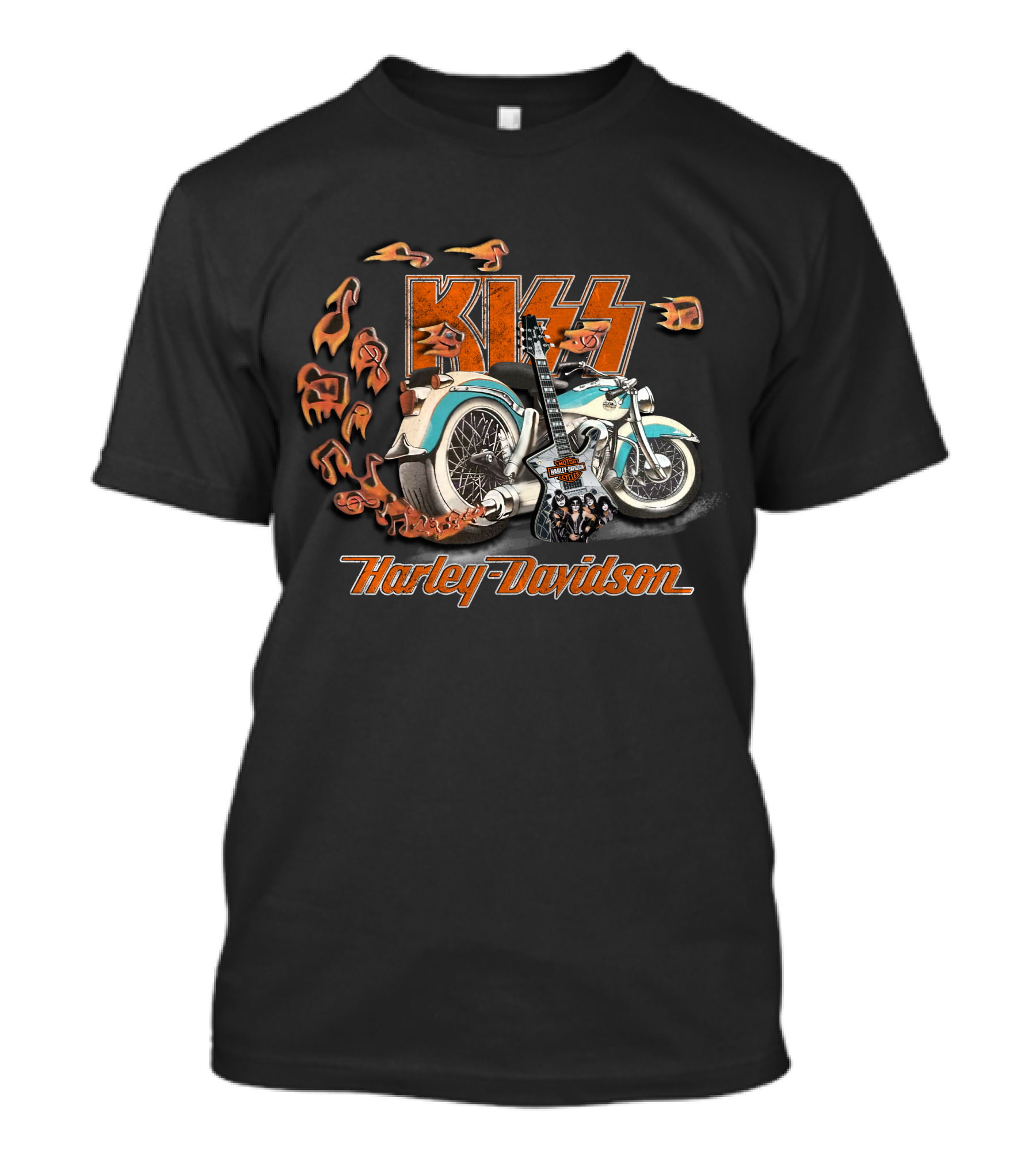 Kiss Harley Davidson Motorcycle Flames Guitar T-Shirt