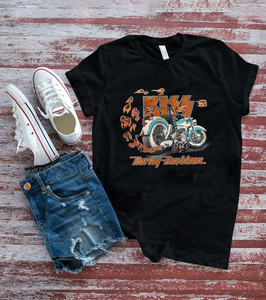 Kiss Harley Davidson Motorcycle Flames Guitar T-Shirt