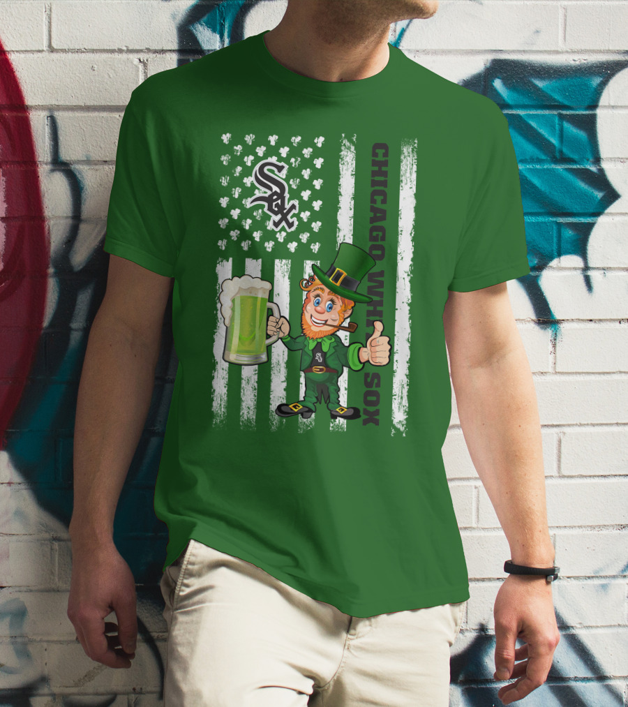 Chicago White Sox St Patrick's Day Leprechaun With Shamrock Beer And American Flag T-Shirt
