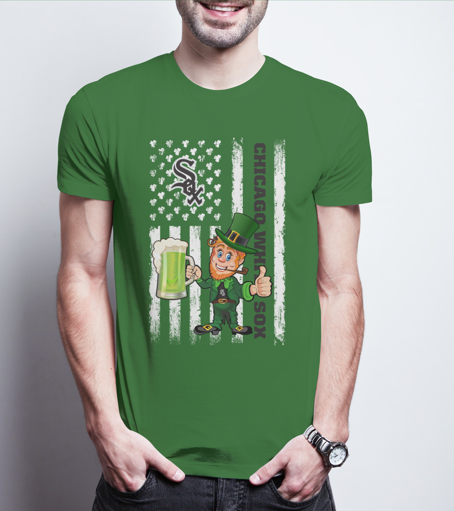 Chicago White Sox St Patrick's Day Leprechaun With Shamrock Beer And American Flag T-Shirt