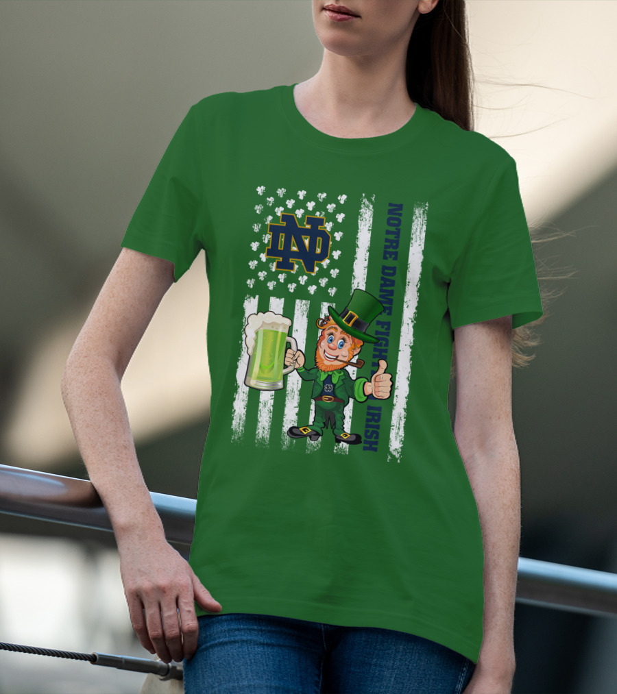 Notre Dame Fighting Irish Leprechaun With Beer And Shamrock Flag T-Shirt