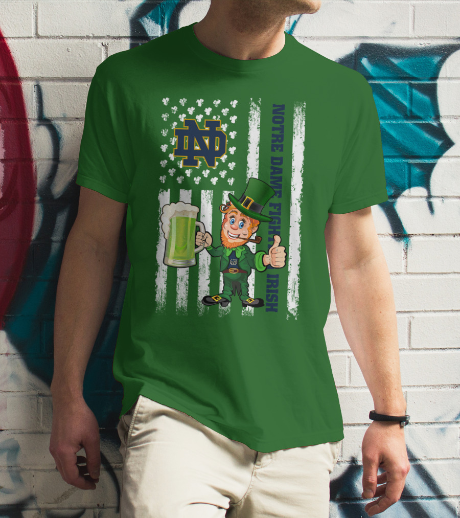Notre Dame Fighting Irish Leprechaun With Beer And Shamrock Flag T-Shirt