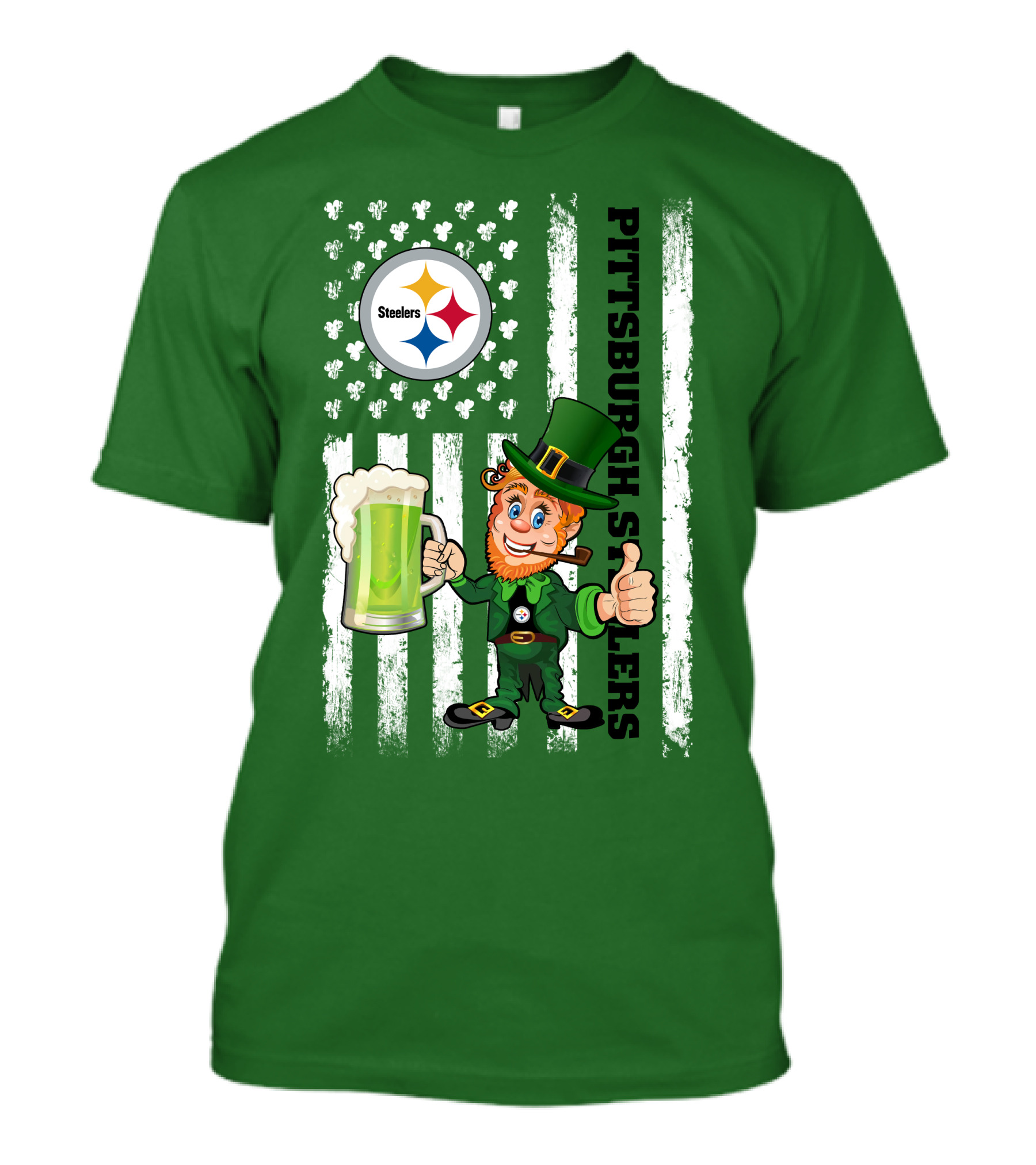 Pittsburgh Steelers Leprechaun St Patrick's Day Shamrock Beer Flag T-Shirt
