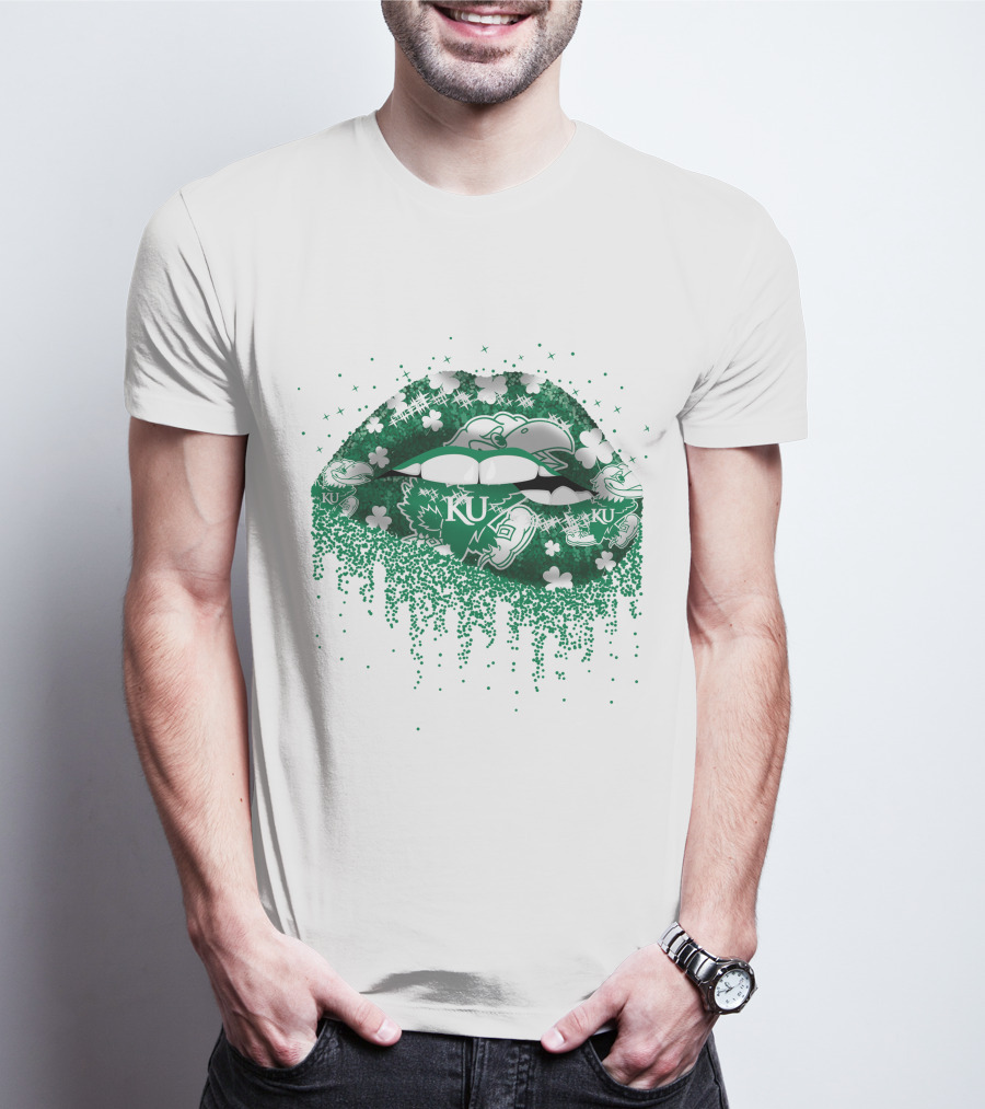 Kansas Jayhawks Lips Green Shamrock KU T-Shirt