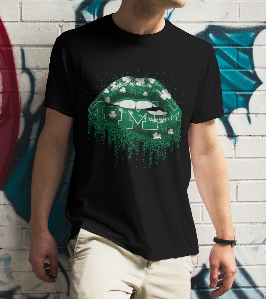 Michigan Wolverines Lips Glitter Shamrock M Drip T-Shirt