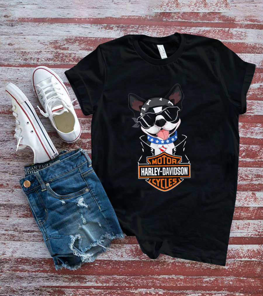 Harley Davidson Boston Terrier Motorcycle American Flag Scarf T-Shirt