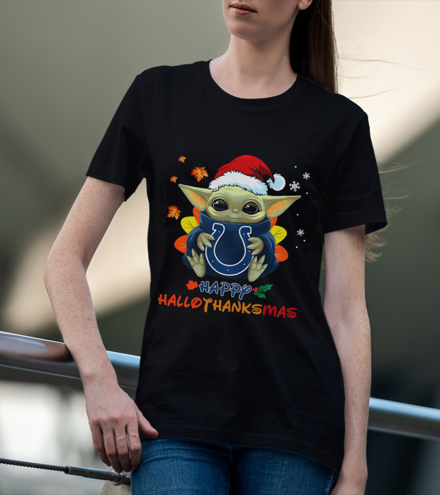 Happy Hallothanksmas Indianapolis Colts Baby Yoda Santa Hat T-Shirt