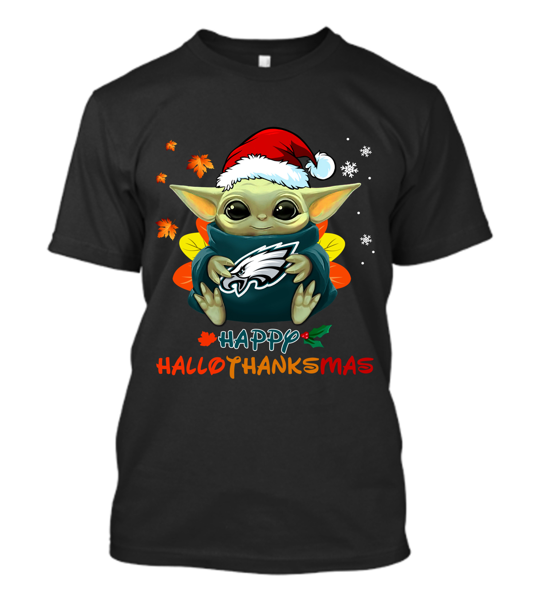 Happy Hallothanksmas Philadelphia Eagles Baby Yoda Santa Hat T-Shirt