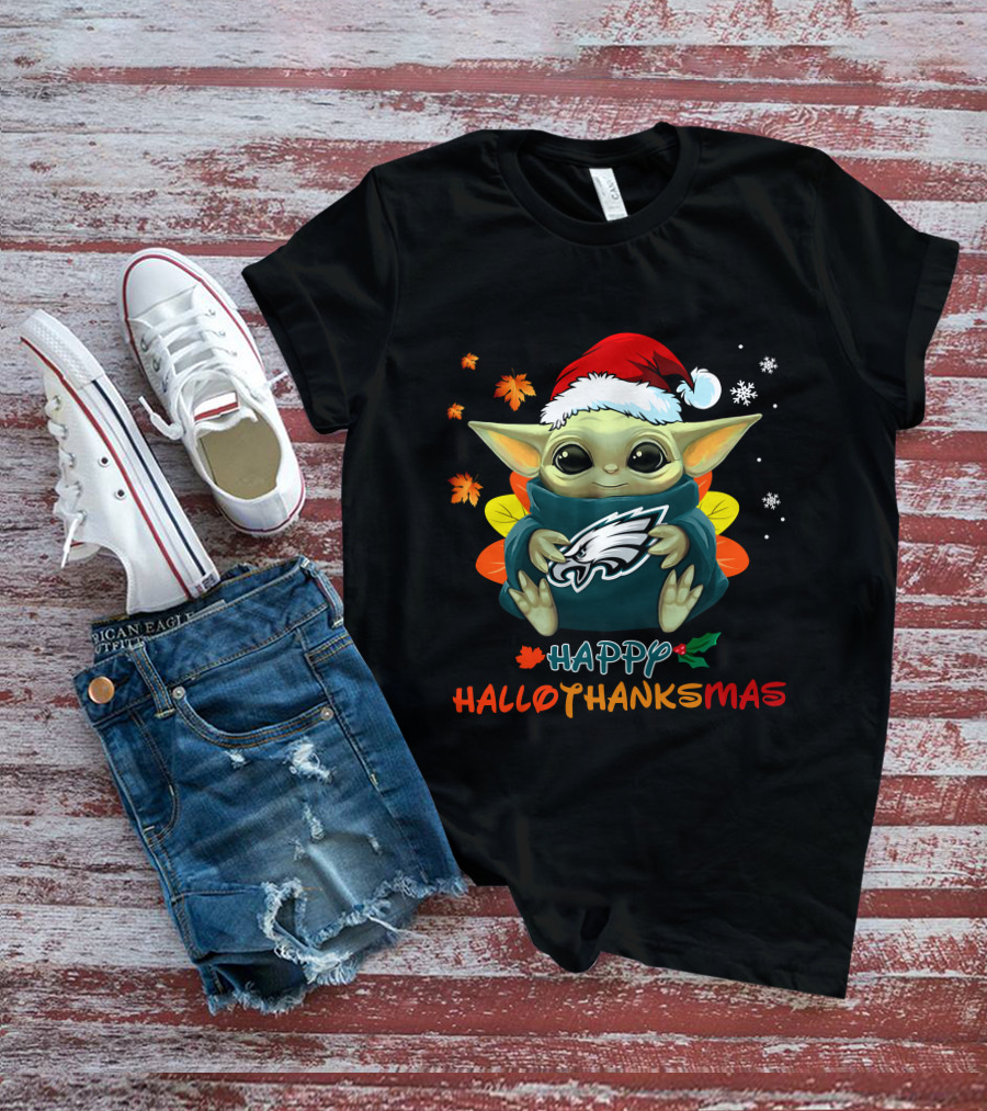 Happy Hallothanksmas Philadelphia Eagles Baby Yoda Santa Hat T-Shirt