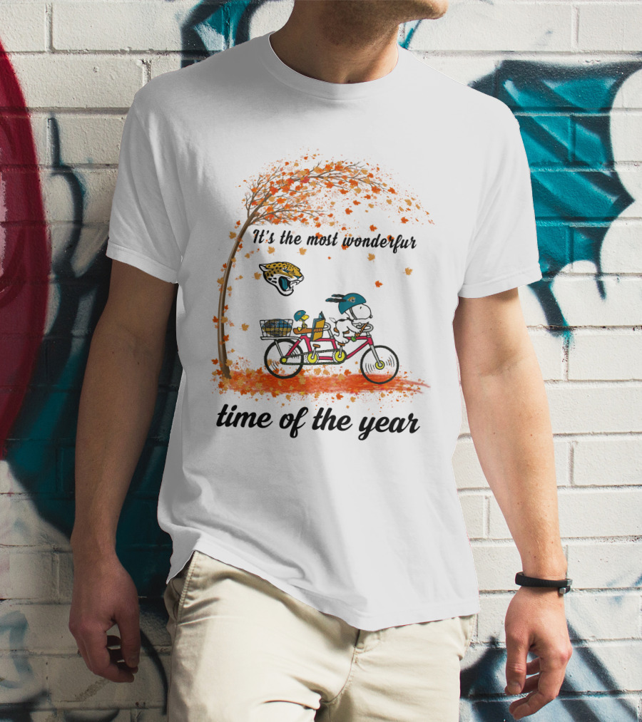 Jacksonville Jaguars Snoopy Bicycle Autumn It's The Most Wonderful Time Of The Year T-Shirt