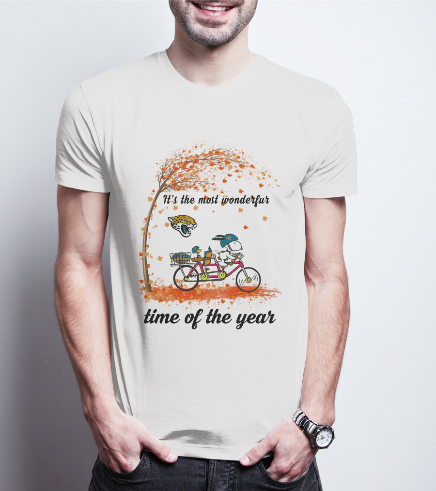Jacksonville Jaguars Snoopy Bicycle Autumn It's The Most Wonderful Time Of The Year T-Shirt