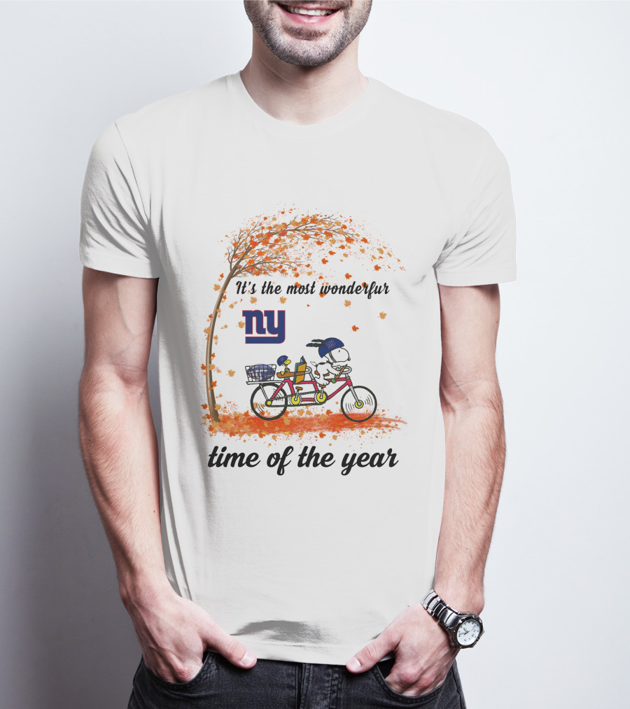 New York Giants Snoopy Autumn Bicycle It's The Most Wonderful Time Of The Year T-Shirt