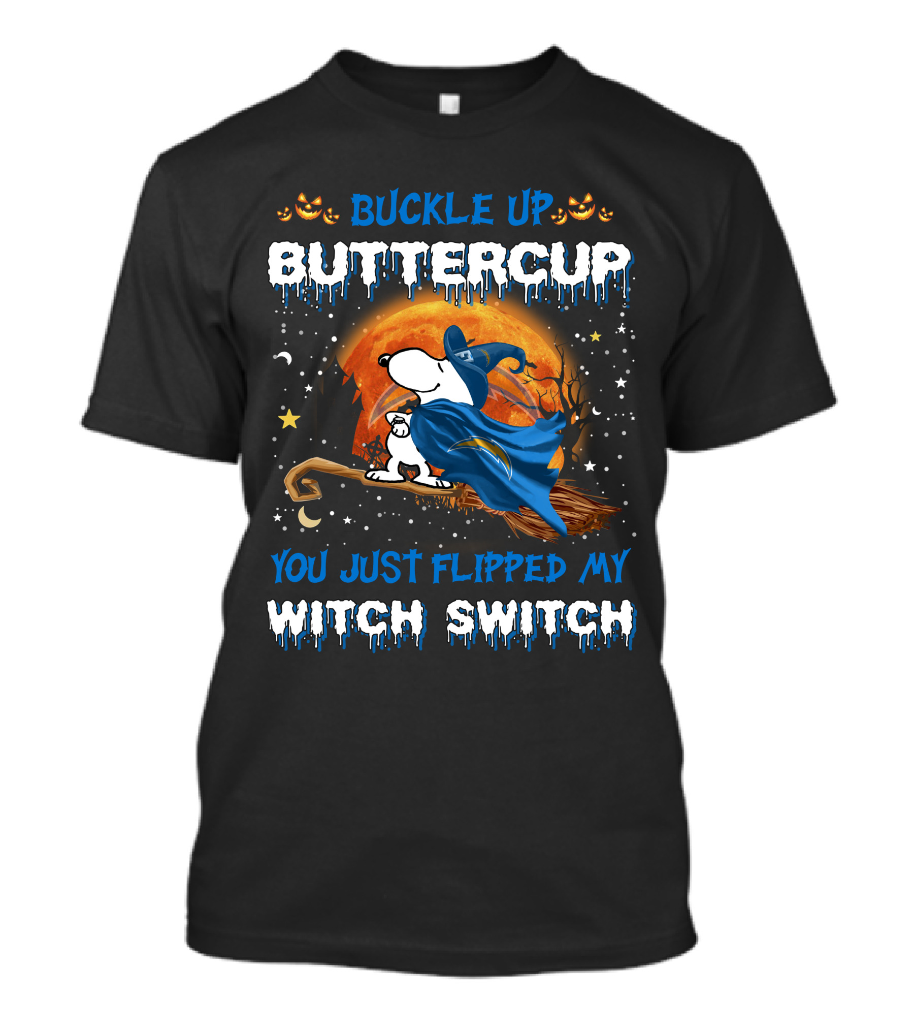 Buckle Up Buttercup You Just Flipped My Witch Switch Snoopy Los Angeles Chargers Halloween T-Shirt