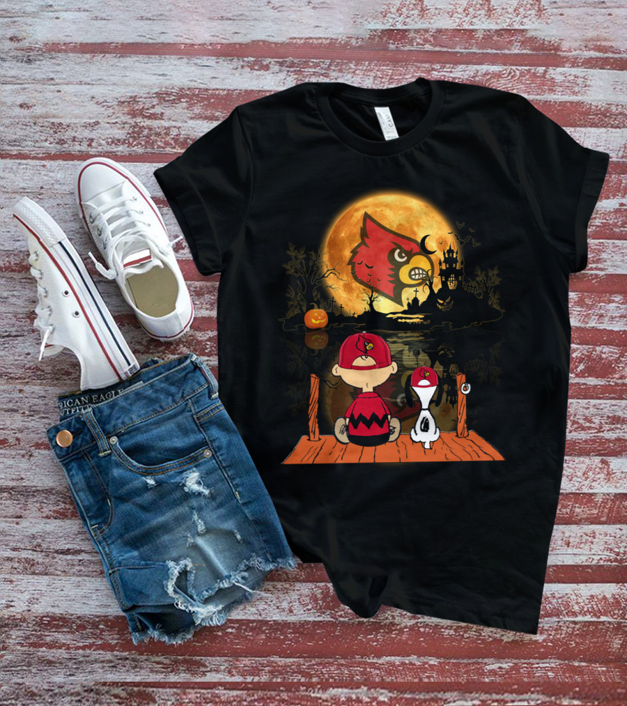 Louisville Cardinals Halloween Moon Scene With Characters And Haunted House T-Shirt