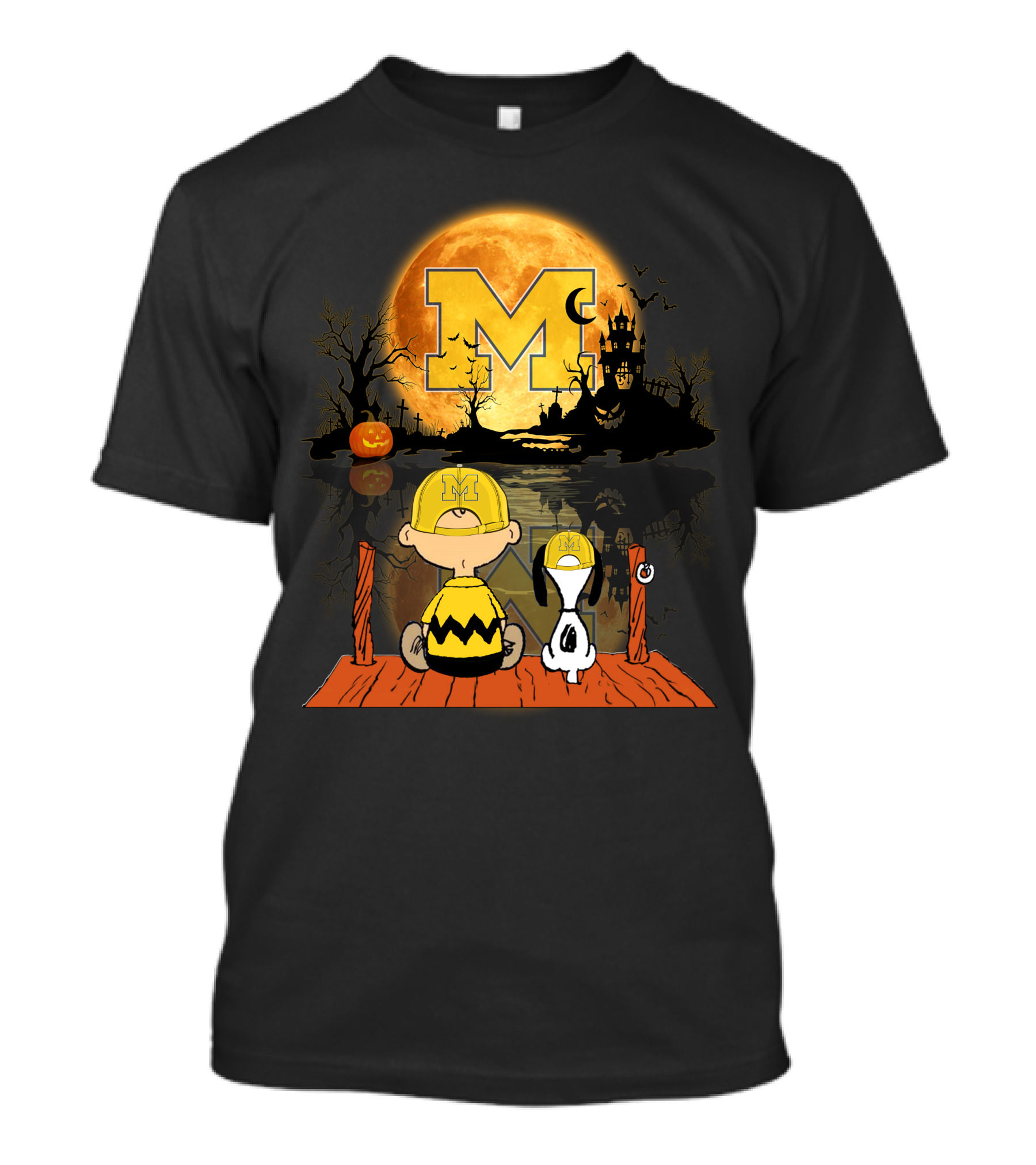 Michigan Wolverines Halloween Moon Charlie Snoopy Pumpkin Moonlit Shadows T-Shirt