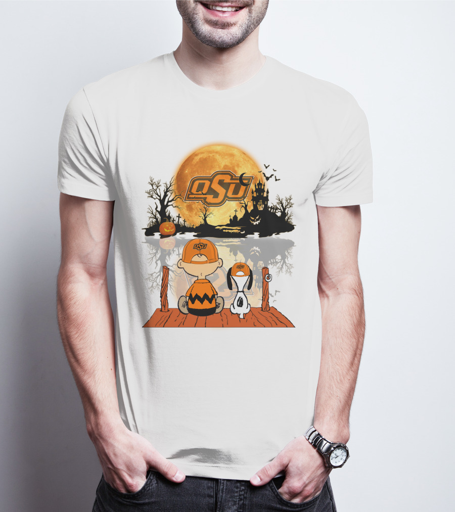 Oklahoma State Cowboys Halloween OSU Moon Charlie And Snoopy T-Shirt