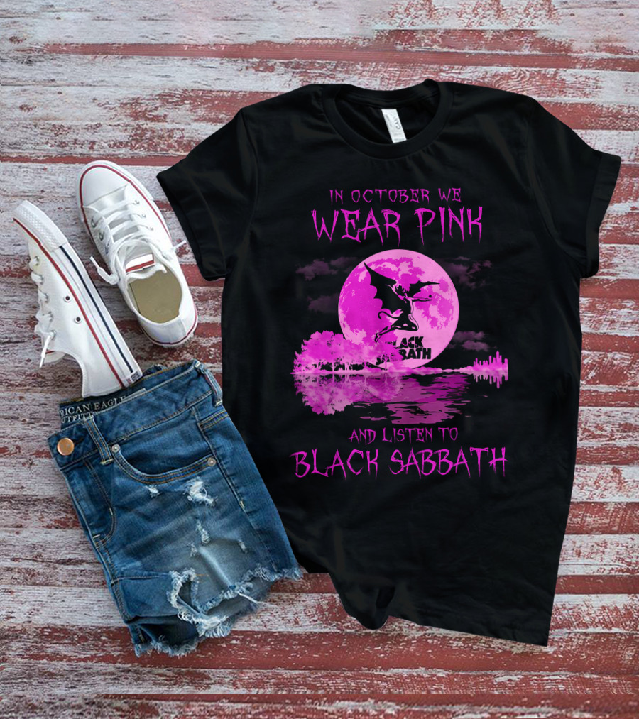 In October We Wear Pink With Black Sabbath Bat Silhouette And Pink Moon Reflection T-Shirt