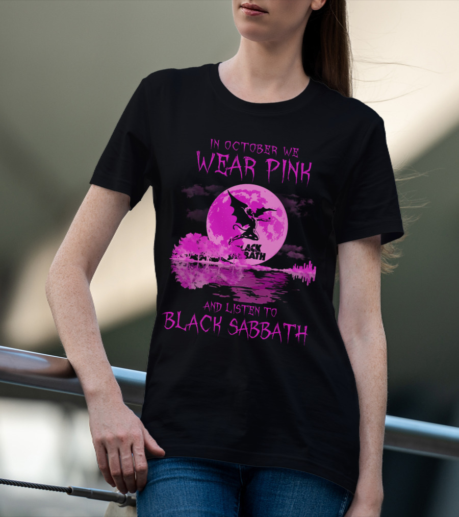 In October We Wear Pink With Black Sabbath Bat Silhouette And Pink Moon Reflection T-Shirt
