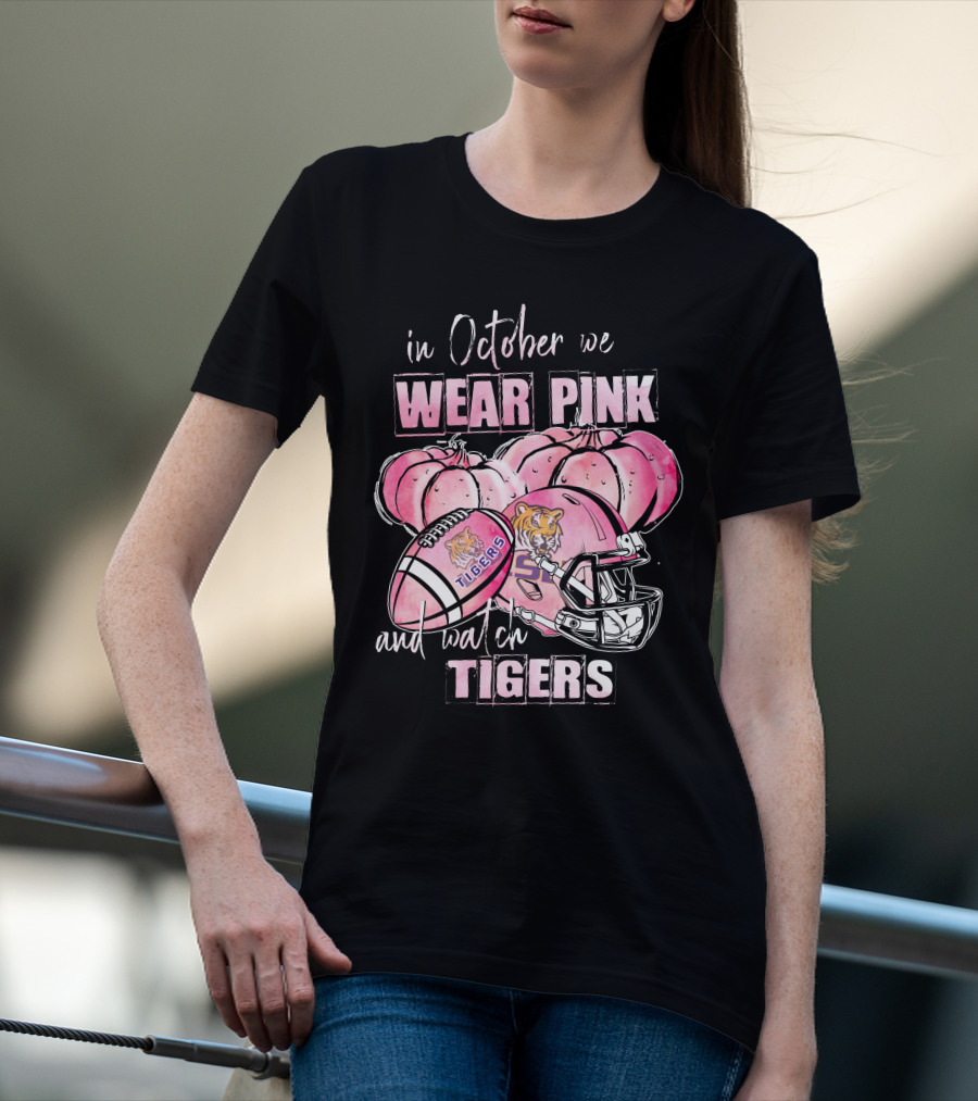 Wear Pink In October Lsu Tigers Football Helmet Pink Pumpkins And Ball T-Shirt