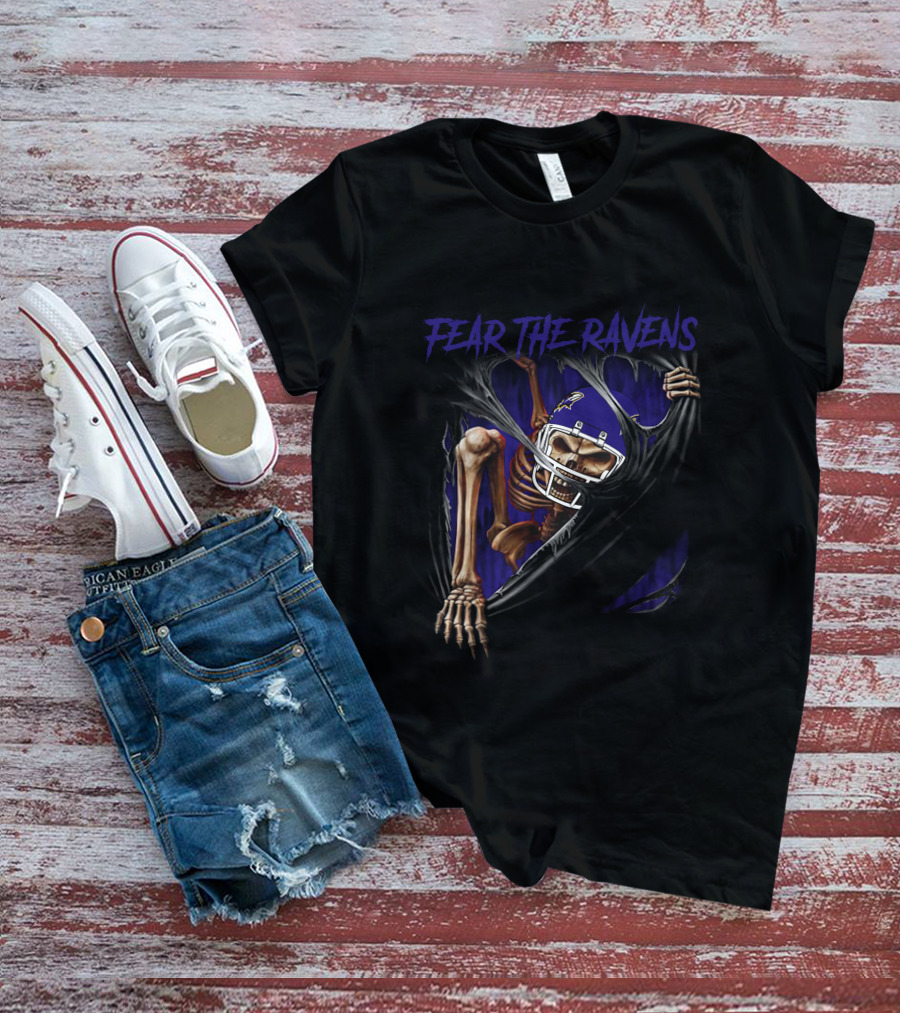 Fear The Ravens Baltimore NFL Skeleton Ravens Helmet Tear T-Shirt