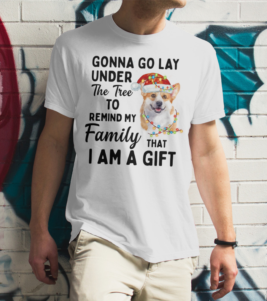 Gonna Go Lay Under The Tree To Remind My Family That I Am A Gift Corgi Christmas Lights Santa Hat T-Shirt