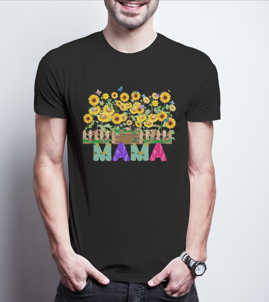 MAMA Sunflower Garden With Butterflies And Flowers T-Shirt