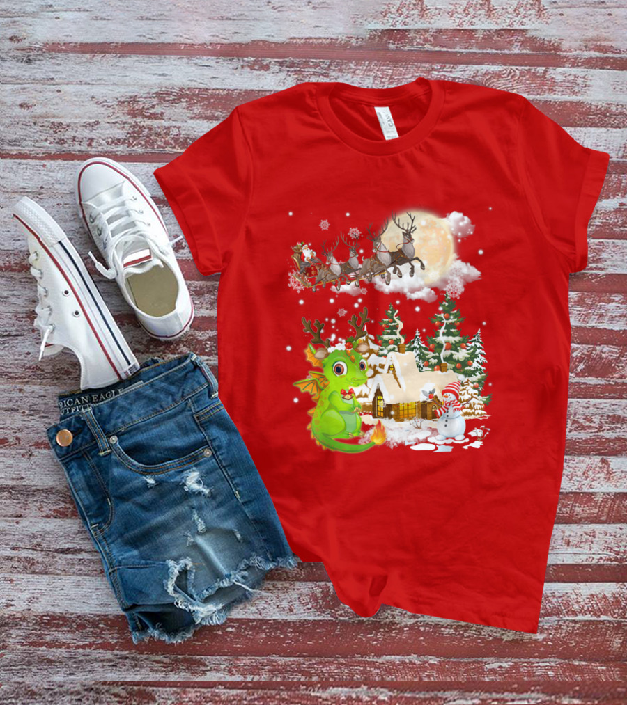 Santa's Sleigh Ride Over Snowy Village With Festive Dragon T-Shirt