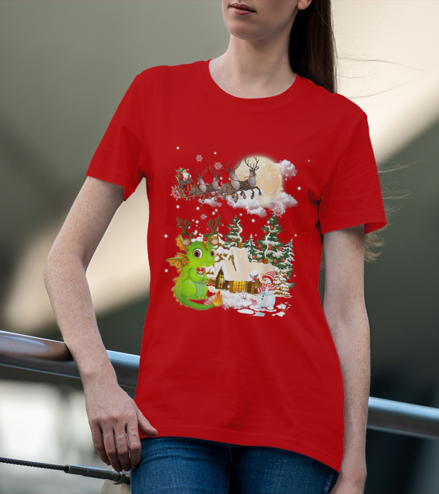 Santa's Sleigh Ride Over Snowy Village With Festive Dragon T-Shirt