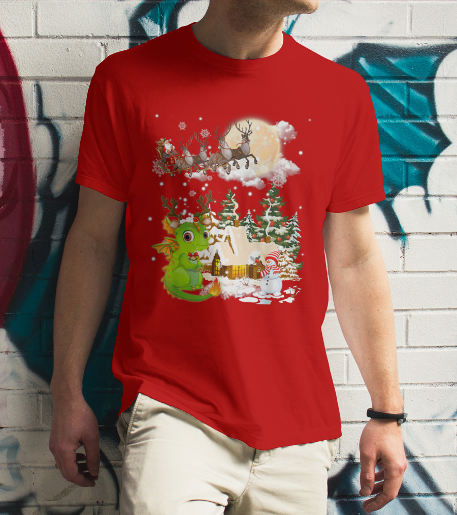 Santa's Sleigh Ride Over Snowy Village With Festive Dragon T-Shirt