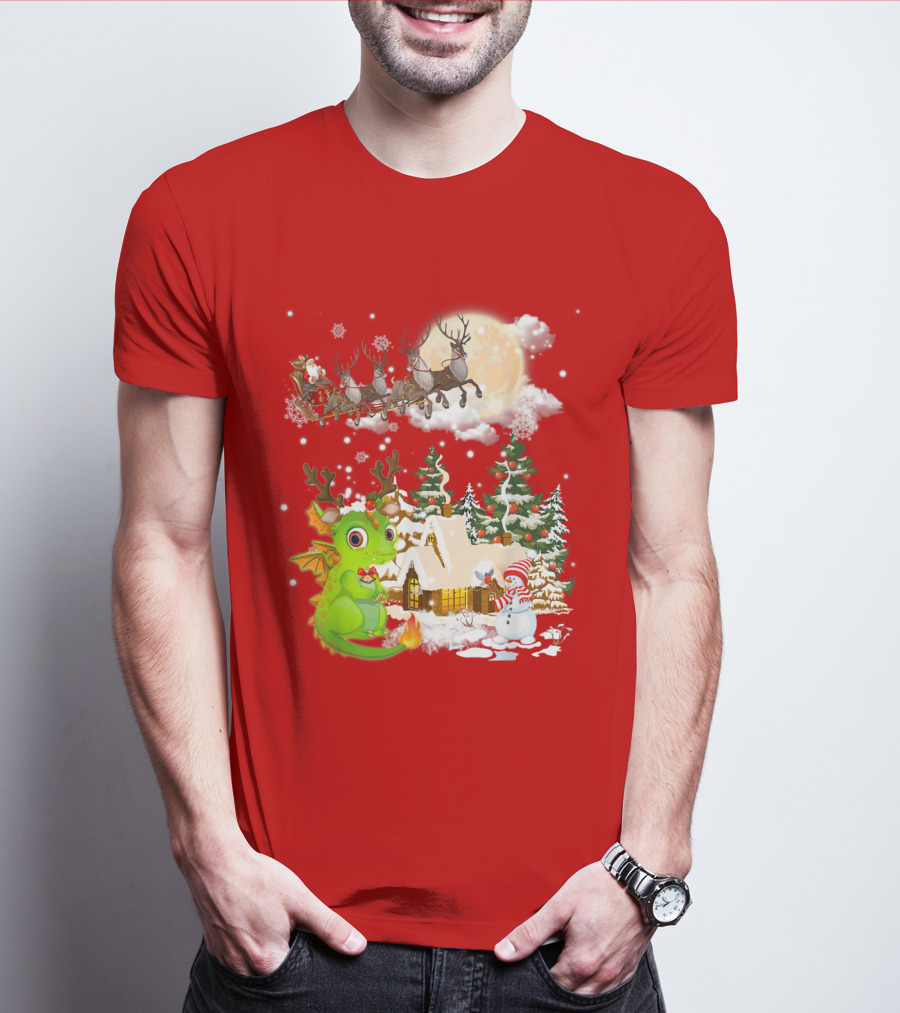 Santa's Sleigh Ride Over Snowy Village With Festive Dragon T-Shirt