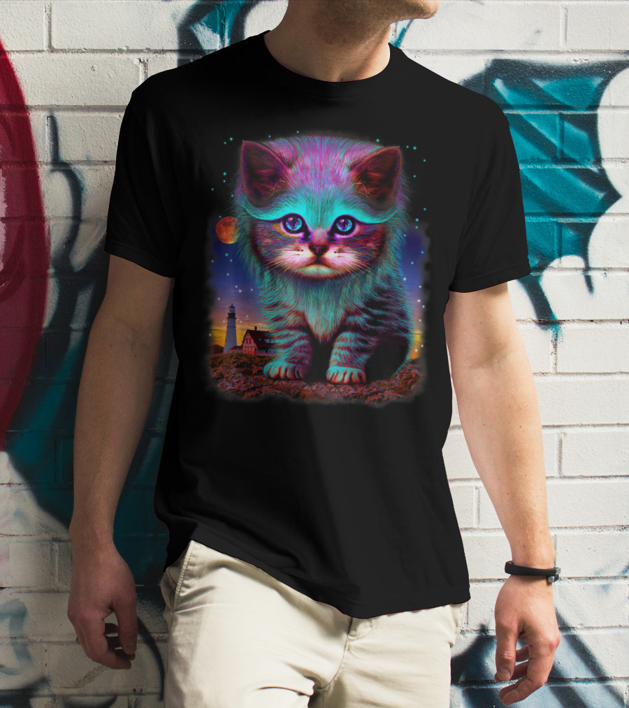 Alien Cat Fantasy Galaxy In Colorful Space With Cute Kitten And Lighthouse Moon Stars T-Shirt