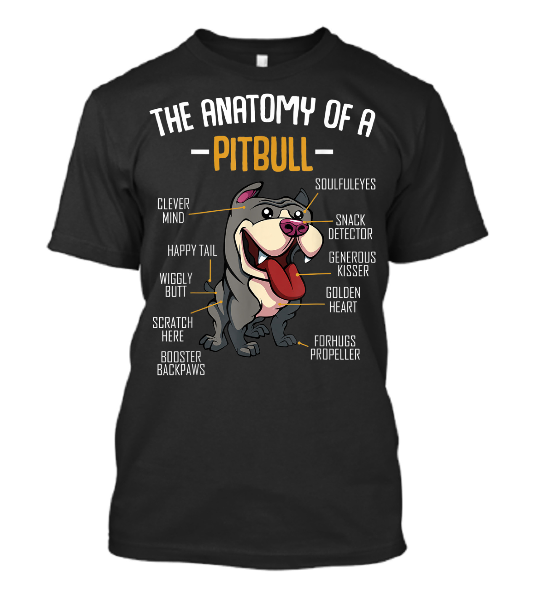 The Anatomy Of A Pitbull: Clever Mind, Soulful Eyes, Happy Tail, Snack Detector, Wiggly Butt, Generous Kisser, Golden Heart, Scratch Here, Forhugs Propeller, Booster Backpaws T-Shirt