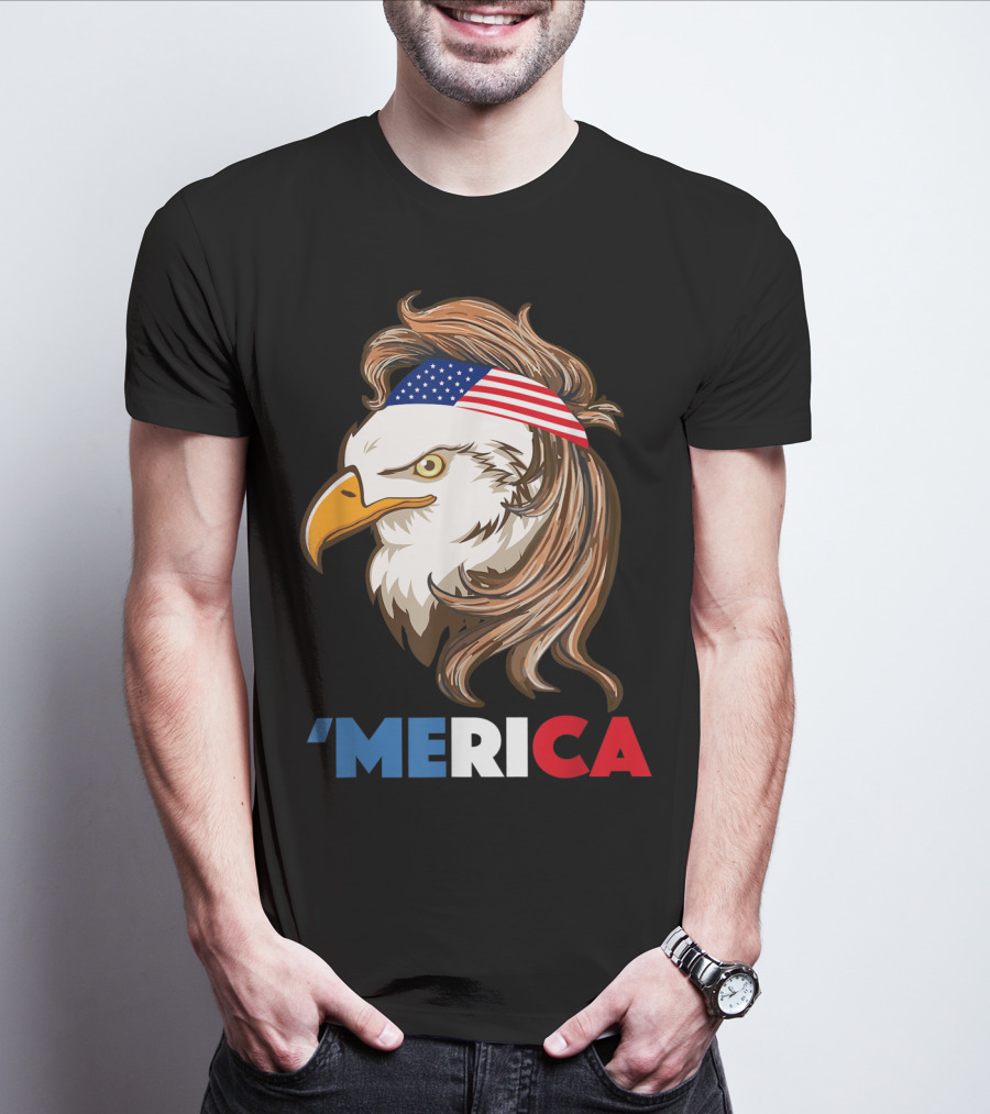 'Merca Bald Eagle Mullet American Flag Headband T-Shirt