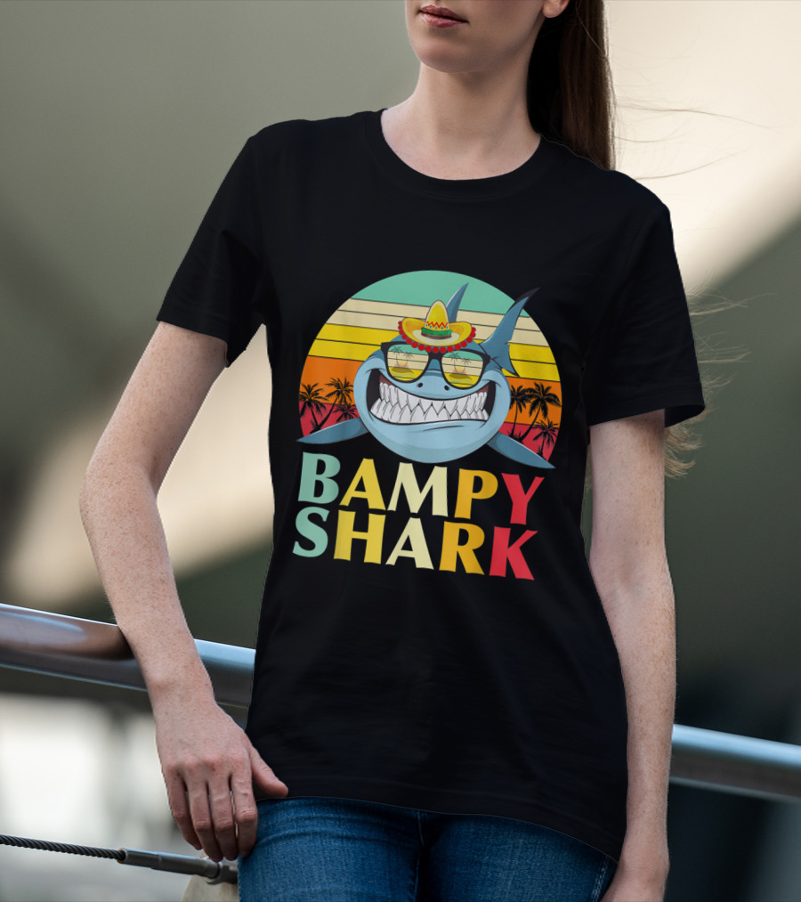 Bampy Shark Grandad From Grandchildren Shark With Sombrero And Sunglasses T-Shirt