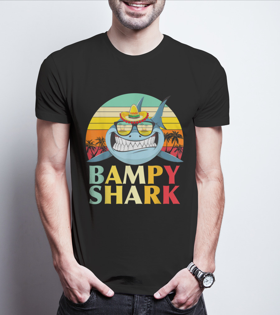 Bampy Shark Grandad From Grandchildren Shark With Sombrero And Sunglasses T-Shirt
