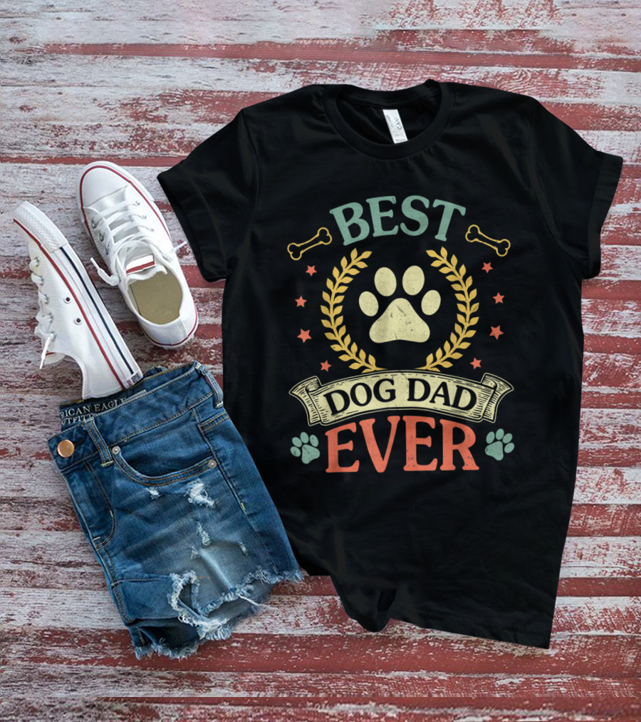 Best Dog Dad Ever Paw Laurel Stars Bones T-Shirt