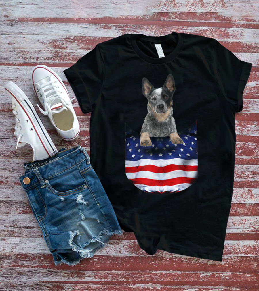 Australian Cattle Dog Pocket Funny American Flag Dog T-Shirt