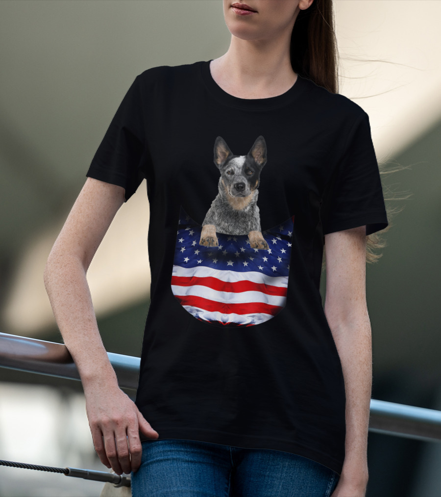 Australian Cattle Dog Pocket Funny American Flag Dog T-Shirt