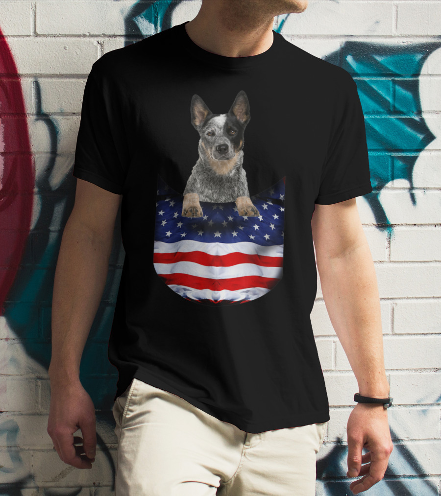 Australian Cattle Dog Pocket Funny American Flag Dog T-Shirt