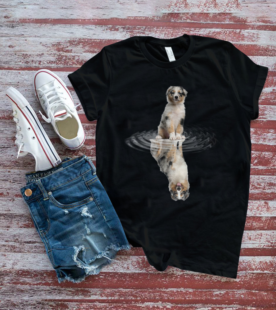 Australian Shepherd Puppy Reflection In Water Ripple T-Shirt