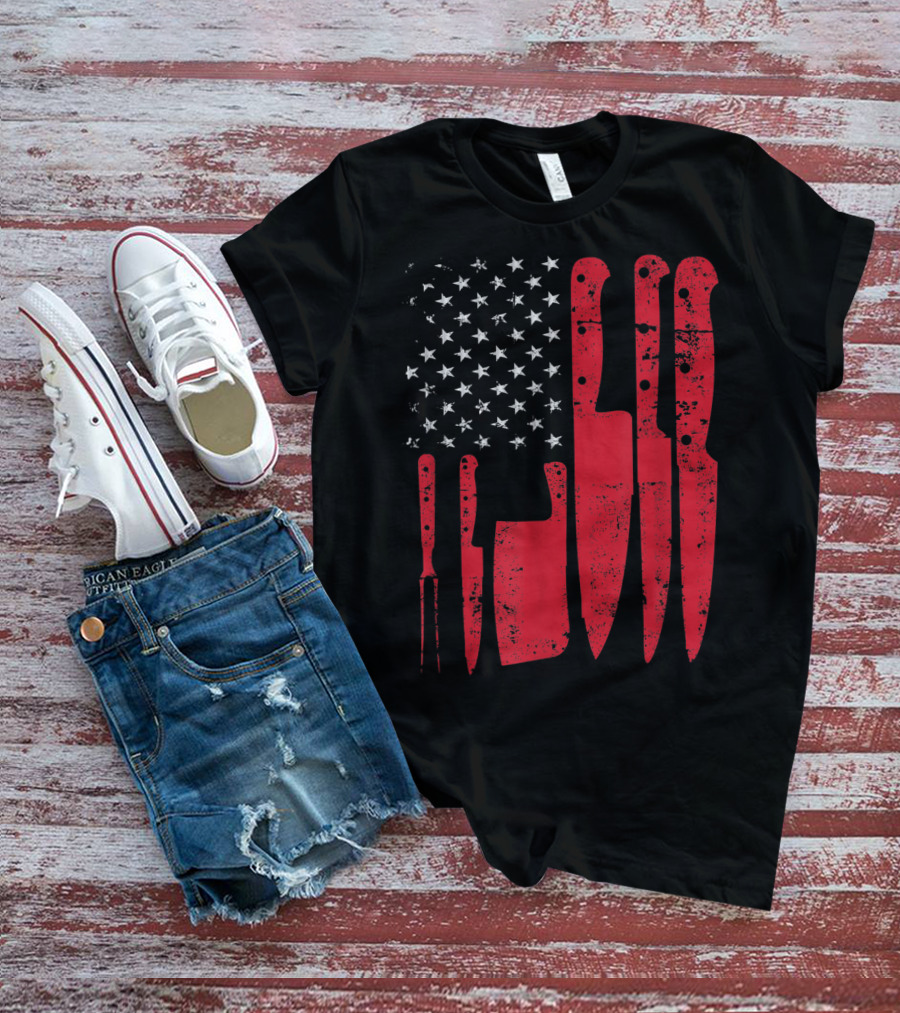 American Flag Stars Butcher Knife Set Vintage Look T-Shirt